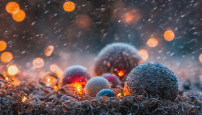 outdoors, sky, blurry, no humans, night, scenery, snow, lantern, paper lantern