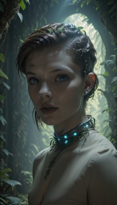 1girl,solo,breasts,looking at viewer,short hair,blue eyes,brown hair,black hair,hair ornament,jewelry,upper body,earrings,outdoors,parted lips,teeth,choker,day,necklace,hair bun,mole,collar,tree,lips,eyelashes,mole under eye,leaf,piercing,sunlight,plant,portrait,nature,mole under mouth,forest,freckles,realistic,nose,dappled sunlight,bangs,shirt,small breasts,artist name,indoors,blurry,from side,glowing,gem,ear piercing,backlighting,vines,mascara,earclip,eyebrow piercing,ivy