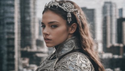 1girl,solo,long hair,looking at viewer,blue eyes,brown hair,black hair,upper body,outdoors,parted lips,armor,blurry,black eyes,from side,lips,dutch angle,depth of field,blurry background,tiara,building,portrait,freckles,city,realistic,nose,hair ornament,dark skin,dark-skinned female