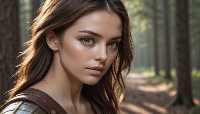 1girl,solo,long hair,looking at viewer,brown hair,brown eyes,closed mouth,outdoors,parted lips,day,armor,blurry,tree,lips,eyelashes,depth of field,blurry background,portrait,nature,close-up,forest,freckles,realistic,nose,jewelry,necklace,sunlight,forehead,dappled sunlight