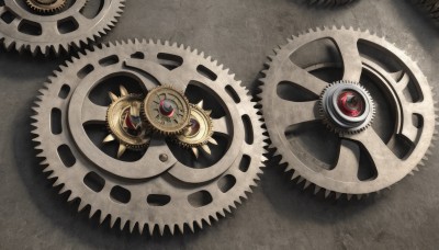 solo,red eyes,no humans,shadow,from above,one-eyed,gears,still life,eye focus,steampunk