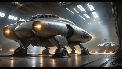 HQ,artist name,indoors,signature,dated,military,no humans,window,robot,scenery,mecha,machinery,reflection,science fiction,realistic,aircraft,light,vehicle focus,spacecraft,lights,cockpit,letterboxed,military vehicle