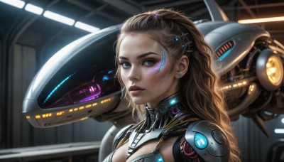 HQ,1girl,solo,long hair,breasts,looking at viewer,blue eyes,brown hair,hair ornament,jewelry,upper body,ponytail,earrings,parted lips,hairclip,armor,blurry,lips,makeup,robot,portrait,science fiction,realistic,nose,stud earrings,eyeliner,cyborg,hair pulled back,cyberpunk,blonde hair,cleavage,medium breasts,indoors,from side,glowing,wavy hair,facial mark,piercing,mecha