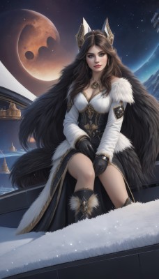 1girl,solo,long hair,breasts,looking at viewer,smile,brown hair,black hair,gloves,long sleeves,dress,animal ears,cleavage,brown eyes,jewelry,medium breasts,sitting,very long hair,tail,boots,outdoors,parted lips,sky,black gloves,artist name,necklace,black footwear,lips,coat,fur trim,night,watermark,moon,knee boots,star (sky),night sky,corset,snow,full moon,starry sky,red lips,fur-trimmed boots,large breasts,hair ornament,headgear,pendant,realistic,watercraft,hands on lap