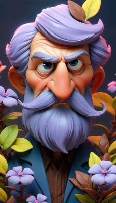 solo,looking at viewer,blue eyes,hair ornament,1boy,jacket,upper body,flower,grey hair,male focus,facial hair,leaf,thick eyebrows,plant,blue jacket,portrait,beard,mustache,old,old man,realistic,wrinkled skin