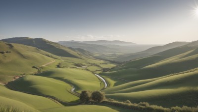 outdoors,sky,day,cloud,tree,no humans,sunlight,grass,nature,scenery,mountain,sun,road,field,landscape,mountainous horizon,hill,desert,blue sky,forest,river,path