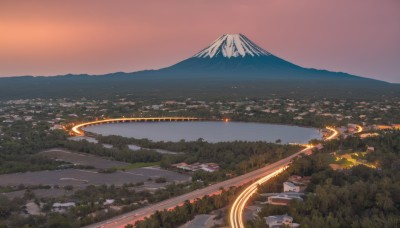 outdoors,sky,cloud,water,tree,no humans,fire,building,nature,scenery,forest,sunset,mountain,city,road,cityscape,river,evening,landscape,mountainous horizon,lake,hill,town,night,grass,ground vehicle,motor vehicle,car,house,city lights,mount fuji