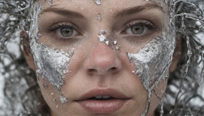 1girl,solo,looking at viewer,brown eyes,parted lips,teeth,water,blurry,lips,grey eyes,eyelashes,portrait,close-up,reflection,ice,crystal,realistic,nose,eye focus