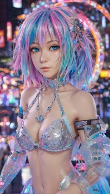 1girl,solo,breasts,looking at viewer,short hair,bangs,blue eyes,hair ornament,navel,cleavage,bare shoulders,jewelry,medium breasts,blue hair,collarbone,swimsuit,upper body,pink hair,bikini,multicolored hair,parted lips,detached sleeves,choker,midriff,medium hair,necklace,stomach,bra,blurry,two-tone hair,lips,streaked hair,see-through,depth of field,blurry background,gem,bikini top only,armlet,realistic,bikini armor,artist name,signature,armor,bracelet,looking to the side,eyelashes,watermark,web address,nose,bokeh