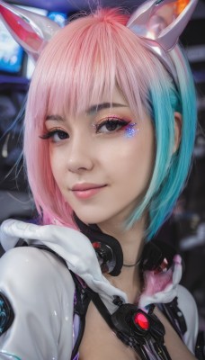 1girl,solo,breasts,looking at viewer,smile,short hair,bangs,animal ears,cleavage,medium breasts,closed mouth,blue hair,upper body,pink hair,multicolored hair,hairband,open clothes,artist name,cat ears,hood,blurry,black eyes,two-tone hair,lips,grey eyes,eyelashes,aqua hair,gradient hair,makeup,blurry background,fake animal ears,headphones,hood down,portrait,eyeshadow,freckles,science fiction,pink lips,realistic,nose,eyeliner,mascara,signature,rabbit ears,hoodie