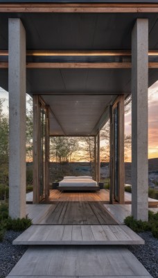 outdoors,sky,cloud,indoors,tree,no humans,window,shadow,sunlight,plant,building,scenery,sunset,wooden floor,door,bench,bush,pillar,evening,grass,architecture