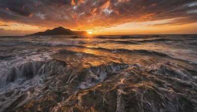 outdoors,sky,cloud,water,tree,no humans,ocean,sunlight,cloudy sky,nature,scenery,sunset,mountain,sun,horizon,river,landscape,mountainous horizon,orange sky