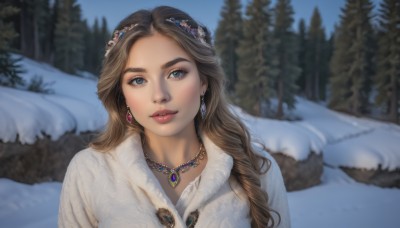 1girl,solo,long hair,looking at viewer,smile,blue eyes,brown hair,hair ornament,jewelry,upper body,braid,earrings,outdoors,day,necklace,blurry,tree,lips,depth of field,blurry background,gem,nature,snow,forest,realistic,winter clothes,winter,pine tree,parted lips,sky,coat,fur trim,eyelashes,makeup,wavy hair,thick eyebrows,nose,white coat