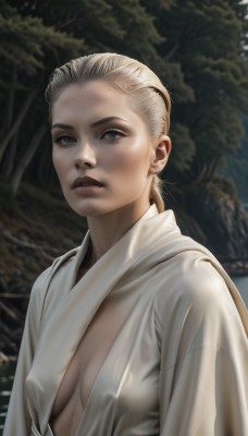 1girl,solo,long hair,breasts,looking at viewer,blue eyes,blonde hair,medium breasts,closed mouth,upper body,small breasts,outdoors,parted lips,open clothes,blurry,tree,lips,no bra,blurry background,freckles,robe,realistic,nose,white robe,short hair,cleavage,jewelry,earrings,japanese clothes,artist name,piercing,nature,breasts apart