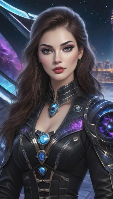 1girl,solo,long hair,breasts,looking at viewer,brown hair,long sleeves,cleavage,brown eyes,jewelry,medium breasts,closed mouth,green eyes,upper body,earrings,sky,artist name,armor,lips,eyelashes,makeup,night,wavy hair,lipstick,shoulder armor,gem,star (sky),night sky,eyeshadow,starry sky,pauldrons,realistic,nose,red lips,signature,grey eyes,bodysuit,science fiction,eyeliner,space,mascara