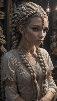 1girl,solo,long hair,breasts,hair ornament,long sleeves,dress,jewelry,closed mouth,upper body,braid,short sleeves,grey hair,earrings,small breasts,parted lips,indoors,necklace,blurry,twin braids,lips,looking to the side,grey eyes,eyelashes,depth of field,blurry background,looking away,own hands together,feathers,gem,hair over shoulder,freckles,realistic,nose,fantasy,candle,hair pulled back,multiple braids,looking at viewer,artist name,white dress,facial mark,piercing,ring,lace trim,lace,crown braid,mascara