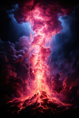 sky,cloud,no humans,glowing,cloudy sky,scenery,smoke,mountain,electricity,giant,lightning,molten rock,solo,standing,fantasy