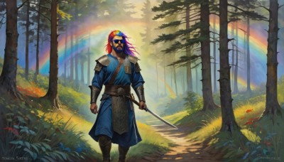 solo,long hair,looking at viewer,1boy,holding,standing,weapon,purple hair,flower,male focus,multicolored hair,outdoors,day,sword,artist name,signature,holding weapon,armor,tree,mask,facial hair,watermark,holding sword,grass,plant,shoulder armor,nature,beard,forest,rainbow,blue hair,red hair,belt,pants,sunlight,sheath,clenched hand,scenery,web address,vambraces,chainmail