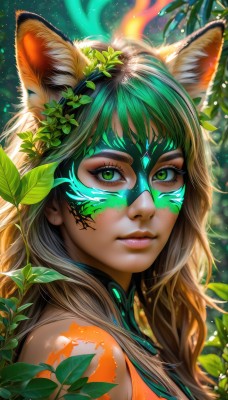 1girl,solo,long hair,looking at viewer,smile,bangs,brown hair,animal ears,bare shoulders,closed mouth,green eyes,upper body,multicolored hair,green hair,artist name,cat ears,two-tone hair,lips,animal ear fluff,fox ears,eyelashes,tattoo,gradient hair,makeup,mask,glowing,leaf,watermark,facial mark,plant,portrait,web address,nose,facepaint,mascara,hair ornament,jewelry,outdoors,sleeveless,from side,sunlight,nature,light particles,close-up,eyeshadow,antlers,bodypaint