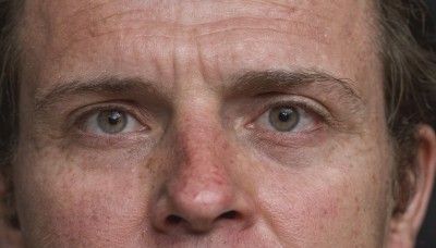 solo,looking at viewer,short hair,brown hair,1boy,brown eyes,male focus,thick eyebrows,portrait,close-up,reflection,realistic,eye focus,blonde hair,facial hair,freckles