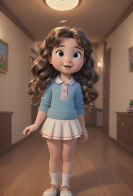 1girl,solo,long hair,looking at viewer,smile,open mouth,skirt,brown hair,shirt,green eyes,standing,full body,ahoge,pleated skirt,shoes,socks,indoors,miniskirt,sweater,loli,white footwear,white skirt,blue shirt,white socks,child,curly hair,female child,blue eyes,school uniform,parted lips,lips,wooden floor,lamp