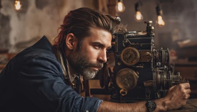 solo,short hair,brown hair,shirt,1boy,brown eyes,jacket,upper body,weapon,male focus,indoors,blurry,from side,gun,blurry background,facial hair,beard,sleeves rolled up,smoke,watch,realistic,wristwatch,closed mouth,lips,scar,blue jacket,serious,nose,manly,arm hair,steampunk,denim jacket