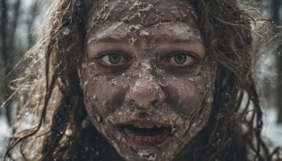 1girl,solo,long hair,looking at viewer,smile,open mouth,blonde hair,brown hair,brown eyes,green eyes,outdoors,teeth,water,blurry,lips,wet,depth of field,blurry background,messy hair,portrait,close-up,realistic,wet hair,tree,snow,snowing