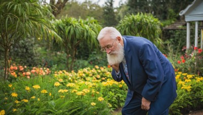 solo,short hair,shirt,long sleeves,1boy,standing,jacket,white shirt,flower,white hair,male focus,cowboy shot,outdoors,necktie,glasses,day,collared shirt,pants,signature,blurry,tree,leaning forward,blurry background,facial hair,formal,suit,plant,blue jacket,nature,beard,black-framed eyewear,watch,blue necktie,mature male,realistic,yellow flower,round eyewear,mustache,blue pants,bald,old,striped necktie,old man,black suit,photo background,garden,wrinkled skin,closed mouth,artist name,depth of field,sunglasses,grass,red necktie,red flower,field