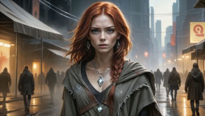 HQ,1girl,long hair,breasts,looking at viewer,blue eyes,brown hair,cleavage,jewelry,medium breasts,collarbone,weapon,braid,earrings,outdoors,parted lips,multiple boys,solo focus,sword,hood,necklace,cape,orange hair,lips,wet,single braid,scar,building,cloak,pendant,freckles,walking,rain,city,sign,realistic,nose,road,dirty,crowd,standing,upper body,red hair,makeup,watermark,scenery,forehead,6+boys,fantasy,silhouette,people