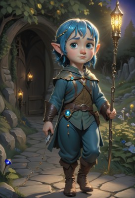 solo,looking at viewer,short hair,bangs,blue eyes,long sleeves,1boy,holding,jewelry,closed mouth,blue hair,standing,full body,flower,male focus,boots,outdoors,pointy ears,belt,pants,artist name,tree,capelet,night,watermark,brown footwear,thick eyebrows,knee boots,grass,staff,gem,child,star (sky),night sky,web address,androgynous,freckles,pouch,lantern,rock,fantasy,holding staff,road,lamppost,path,leather boots,1girl,hair ornament,sky,lips,leaf,knife,lamp