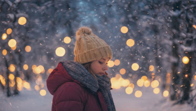 1girl, solo, hat, closed eyes, upper body, outdoors, hood, scarf, blurry, from side, tree, coat, profile, depth of field, hood down, snow, snowing, realistic, nose, beanie, winter clothes, winter, red coat, bokeh, hooded coat, winter coat, grey scarf