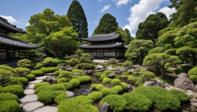 outdoors,sky,day,cloud,tree,blue sky,no humans,cloudy sky,grass,building,nature,scenery,forest,rock,architecture,east asian architecture,shrine,bush,house,landscape,moss,stone,pond