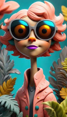 1girl,solo,looking at viewer,smile,short hair,open mouth,simple background,shirt,1boy,jacket,upper body,pink hair,flower,male focus,artist name,blurry,orange eyes,makeup,leaf,blue background,sunglasses,goggles,tinted eyewear,signature,lips,colored skin,watermark,plant,lipstick,pink jacket,pink skin