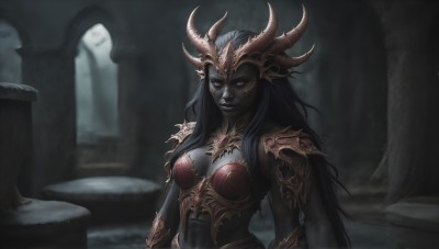 HQ,1girl,solo,long hair,breasts,looking at viewer,black hair,red eyes,cleavage,medium breasts,closed mouth,upper body,horns,pointy ears,signature,armor,blurry,orange eyes,blurry background,colored skin,shoulder armor,colored sclera,pauldrons,bikini armor,grey skin,pillar,black lips,facial mark,elf,undead