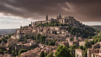 outdoors,sky,day,cloud,water,tree,no humans,ocean,cloudy sky,building,nature,scenery,city,fantasy,cityscape,castle,tower,landscape,ruins