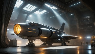 HQ,multiple boys,indoors,signature,military,no humans,window,sunlight,robot,scenery,mecha,reflection,science fiction,light rays,realistic,aircraft,airplane,light,multiple others,vehicle focus,spacecraft,lights,standing,machinery