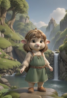 1girl,solo,looking at viewer,smile,short hair,brown hair,long sleeves,dress,animal ears,brown eyes,standing,full body,flower,outdoors,sky,shoes,day,belt,cloud,medium hair,water,bag,tree,blue sky,brown footwear,backpack,grass,building,child,nature,scenery,furry,green dress,rock,fantasy,furry female,female child,mushroom,river,waterfall,hat,tail,realistic,castle