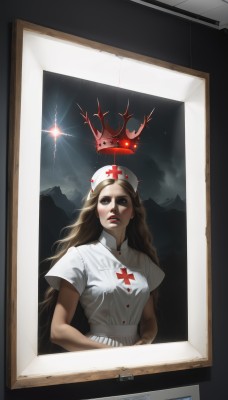 1girl,solo,long hair,looking at viewer,blonde hair,brown hair,hat,dress,short sleeves,sky,cloud,lips,makeup,cross,lipstick,mountain,realistic,nurse cap,red lips,nurse,horror (theme),red cross,brown eyes,upper body,parted lips,teeth,crown,looking up,lightning