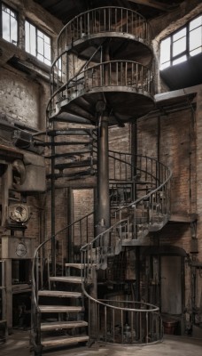 monochrome,day,indoors,no humans,window,sunlight,building,scenery,stairs,door,railing,clock,cable,ladder,industrial pipe,air conditioner,bucket,ceiling,barrel