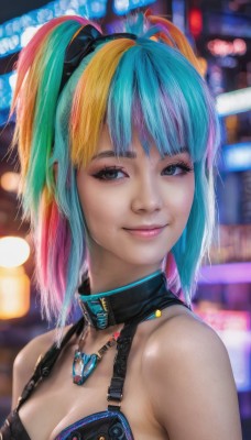 1girl,solo,breasts,looking at viewer,smile,short hair,bangs,blonde hair,cleavage,bare shoulders,jewelry,medium breasts,closed mouth,underwear,blue hair,upper body,ponytail,pink hair,multicolored hair,necklace,blurry,black eyes,collar,two-tone hair,lips,looking to the side,eyelashes,aqua hair,makeup,depth of field,blurry background,realistic,nose,blue eyes,swimsuit,green hair,choker,streaked hair,portrait,pink lips,cyberpunk,neon lights