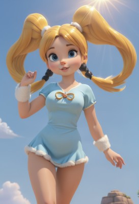 1girl,solo,long hair,breasts,looking at viewer,smile,open mouth,blue eyes,blonde hair,dress,twintails,jewelry,standing,short sleeves,thighs,earrings,small breasts,outdoors,parted lips,sky,teeth,day,cloud,hand up,blue sky,lips,fur trim,blue dress,thigh gap,short dress,sunlight,scrunchie,sun,blush,ribbon,medium breasts,braid,twin braids,wrist cuffs,wristband