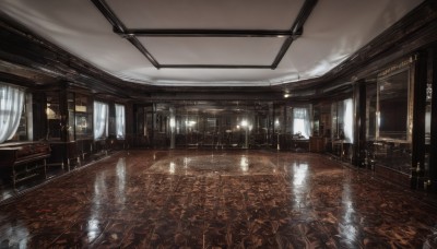 sky,cloud,indoors,water,no humans,window,chair,table,sunlight,curtains,scenery,reflection,light rays,wooden floor,architecture,sunbeam,ceiling,ceiling light,reflective floor,chandelier,artist name,signature,candle,puddle,carpet,candlestand