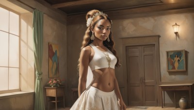 1girl,solo,long hair,breasts,looking at viewer,skirt,brown hair,hair ornament,navel,bare shoulders,brown eyes,jewelry,closed mouth,underwear,standing,ponytail,flower,cowboy shot,earrings,small breasts,day,midriff,indoors,hair flower,dark skin,necklace,stomach,bra,dark-skinned female,lips,crop top,bare arms,window,wavy hair,table,sunlight,white skirt,plant,white flower,curtains,white bra,curly hair,sports bra,realistic,nose,lamp,vase,picture frame,painting (object),picture (object),white sports bra