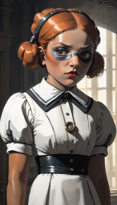 1girl,solo,looking at viewer,short hair,brown hair,dress,brown eyes,jewelry,closed mouth,upper body,short sleeves,hairband,puffy sleeves,indoors,necklace,hair bun,white dress,orange hair,puffy short sleeves,lips,window,double bun,makeup,buttons,lipstick,goggles,freckles,goggles on head,realistic,nose,collared dress,red lips,breasts,maid