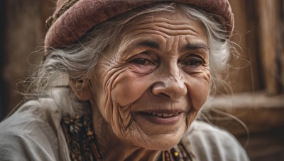 1girl,solo,looking at viewer,smile,blue eyes,1boy,hat,jewelry,white hair,grey hair,male focus,parted lips,teeth,necklace,blurry,lips,blurry background,portrait,realistic,old,old woman,wrinkled skin,black eyes,brown headwear,old man