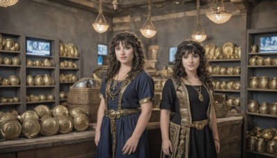 long hair,looking at viewer,smile,multiple girls,brown hair,black hair,dress,2girls,brown eyes,jewelry,braid,short sleeves,belt,indoors,necklace,black dress,bracelet,lips,blue dress,siblings,wavy hair,sisters,curly hair,twins,basket,shelf,shop,bangs,closed mouth,standing,parted lips,black eyes,grey eyes,looking up,realistic,arms at sides,jar,ceiling,light bulb,ceiling light,weighing scale