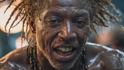 solo,looking at viewer,smile,open mouth,blue eyes,1boy,jewelry,male focus,teeth,dark skin,necklace,grin,blurry,blurry background,facial hair,dark-skinned male,portrait,beard,realistic,mustache,dreadlocks,earrings,black eyes,night,moon,full moon