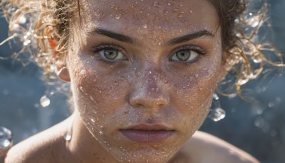 1girl,solo,looking at viewer,short hair,brown hair,hair ornament,brown eyes,closed mouth,water,blurry,lips,eyelashes,blurry background,thick eyebrows,portrait,close-up,freckles,bubble,underwater,realistic,nose,air bubble,black hair,serious,water drop