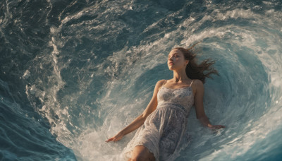 1girl, solo, long hair, brown hair, dress, lying, on back, water, white dress, lips, ocean, partially submerged, realistic, waves, fine art parody