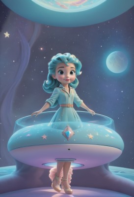 1girl,solo,long hair,looking at viewer,smile,blue eyes,dress,brown eyes,blue hair,standing,full body,sky,shoes,belt,artist name,signature,medium hair,star (symbol),high heels,lips,aqua hair,makeup,blue dress,moon,gem,star (sky),starry sky,curly hair,space,planet,blush,closed mouth,tree,night,watermark,brown footwear,night sky,full moon,fish